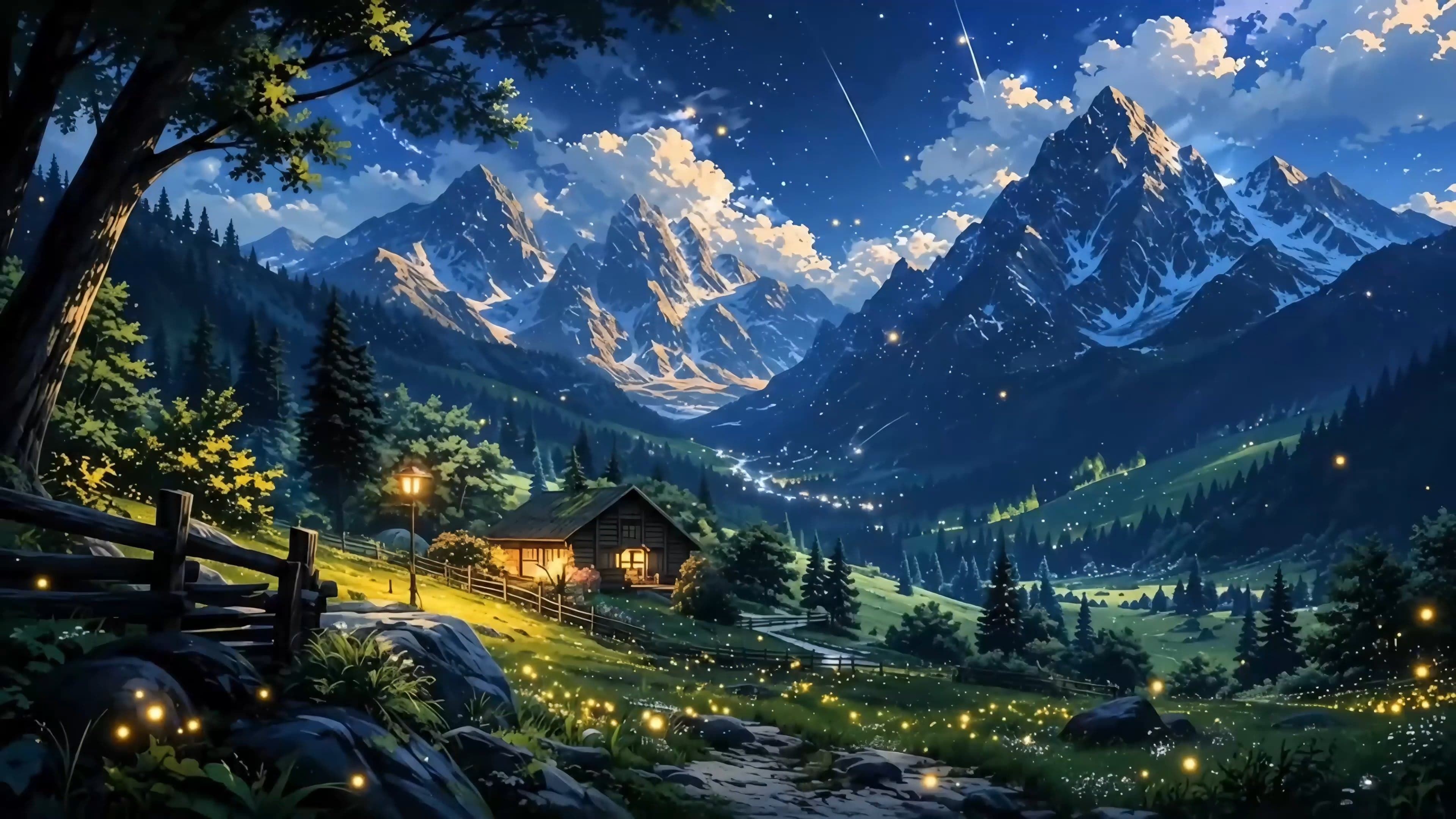 Fantasy Mountain Landscape – Cozy Cabin in the Mountains | Anime 4K Wallpaper