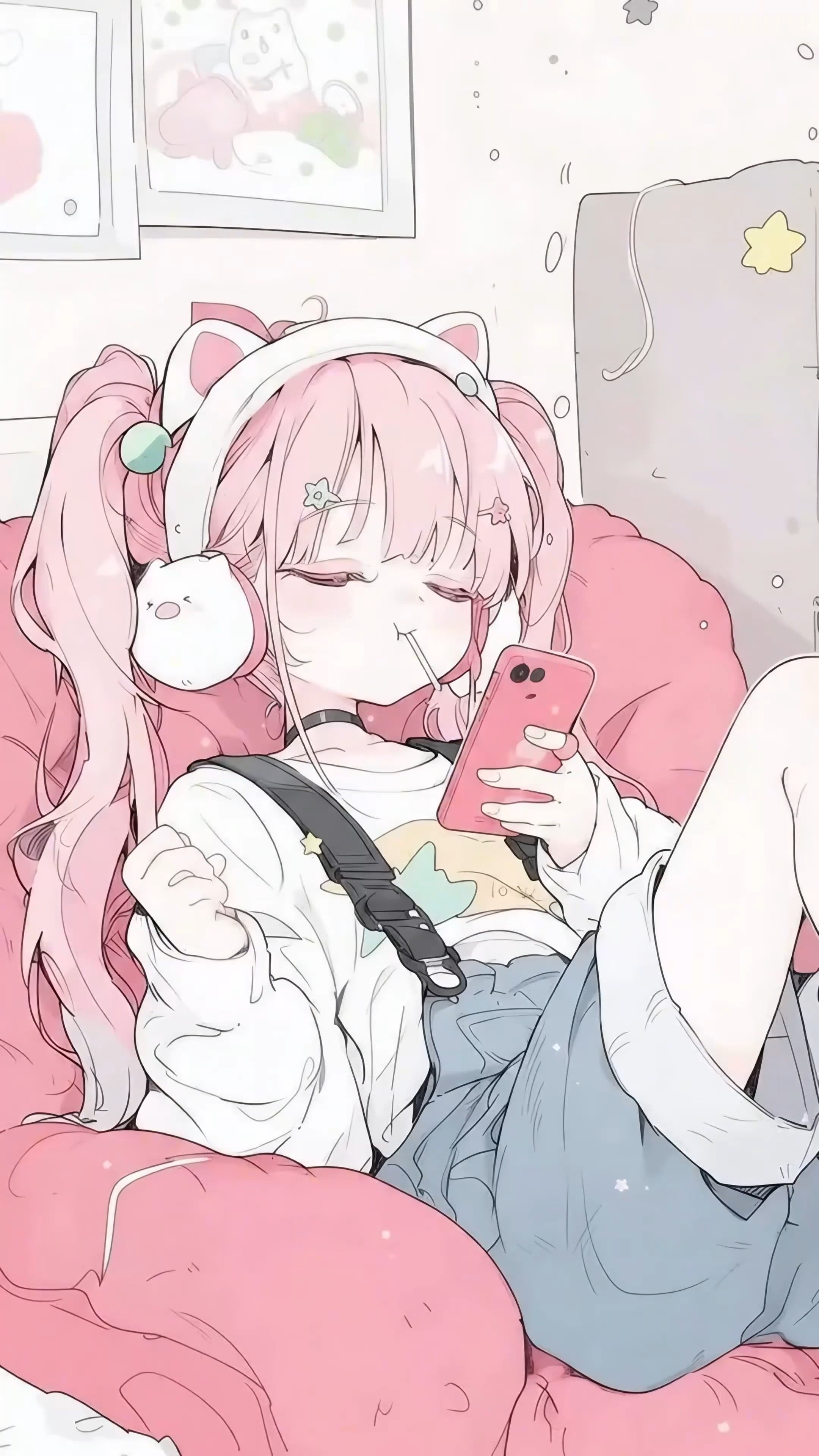 Cute Pink Anime Girl Bedroom Wallpaper 4k Phone