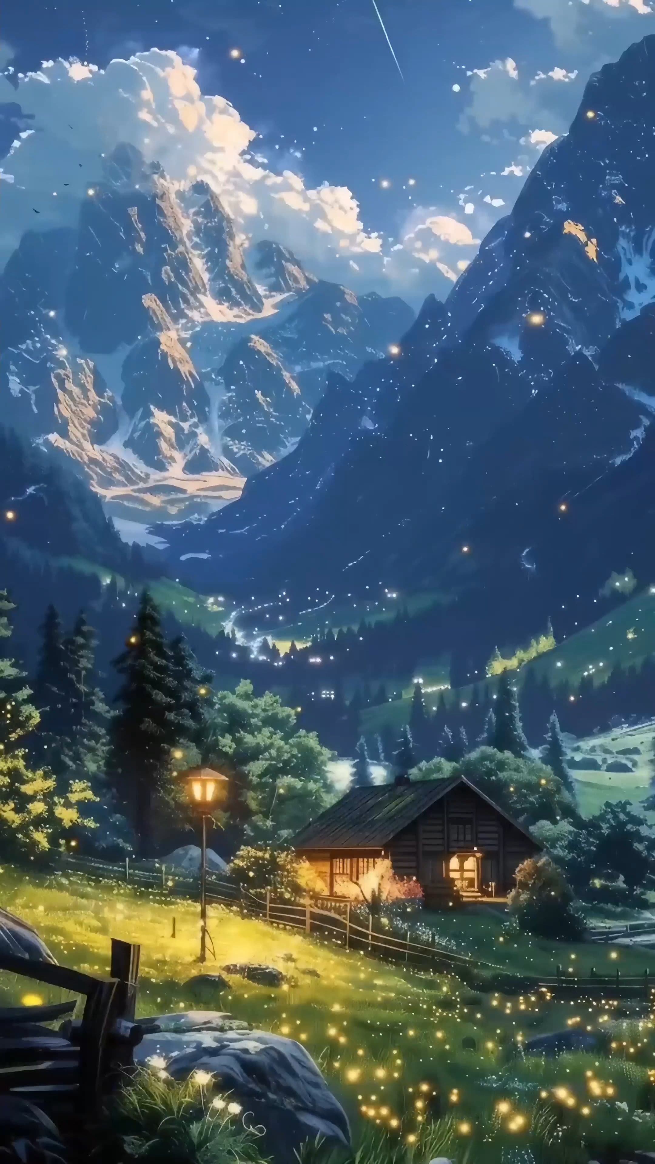 Fantasy Mountain Landscape – Cozy Cabin in the Mountains | Anime 4K Wallpaper Phone
